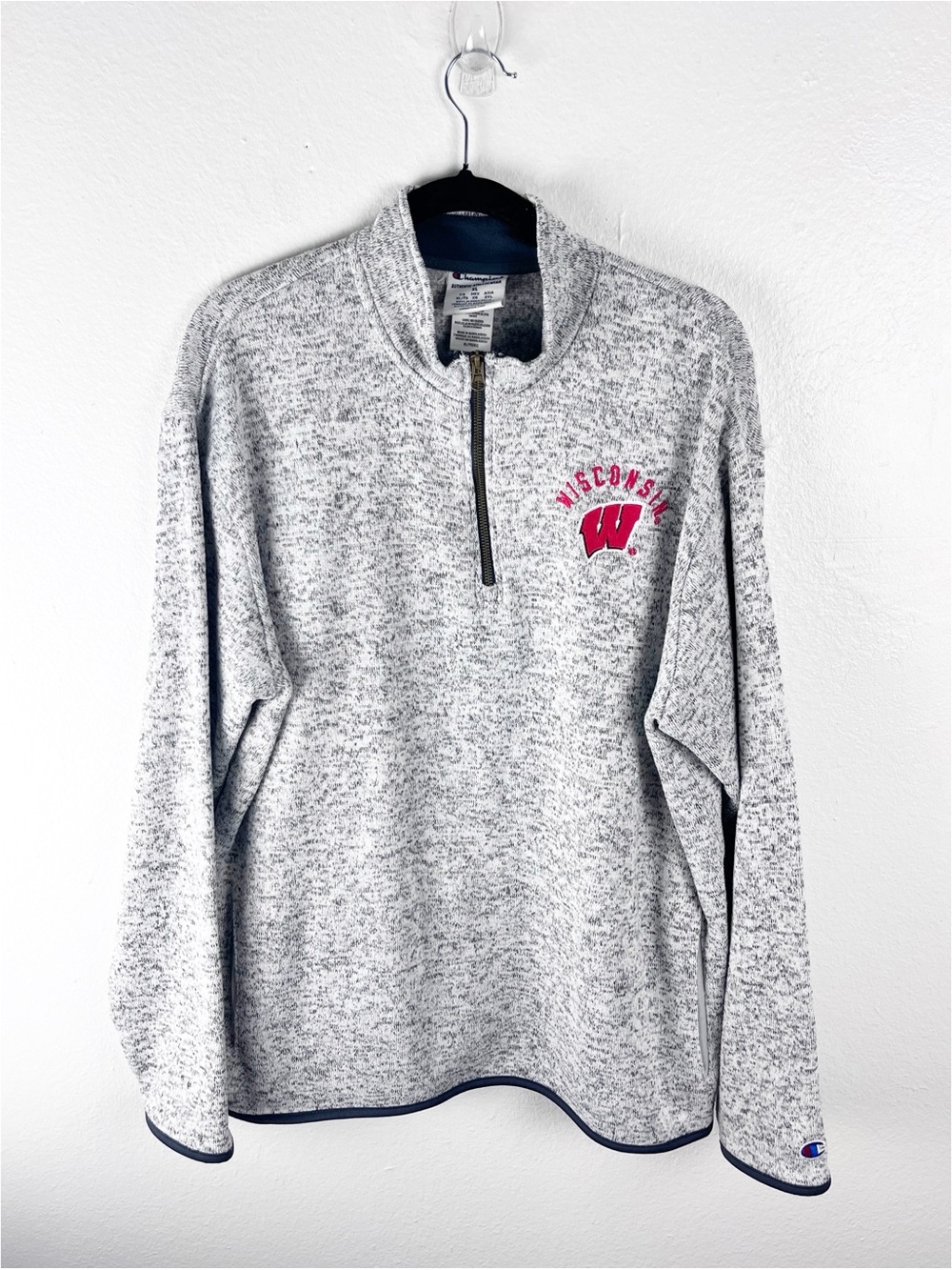 CHAMPIONS Wisconsin Gray Marled Quarter Zip Side Pockets Pullover Men’s Size XL
